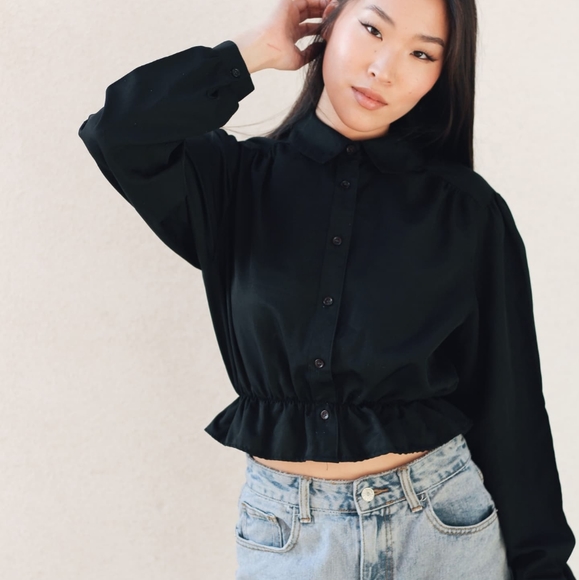 Vintage Tops - SOLD - Vintage 1970s Modernizes Victorian Black Button Down Crop blouse